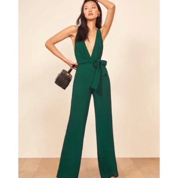 Reformation 4 Sofi Georgette Jumpsuit Emerald Green Wide Leg - Picture 7 of 7